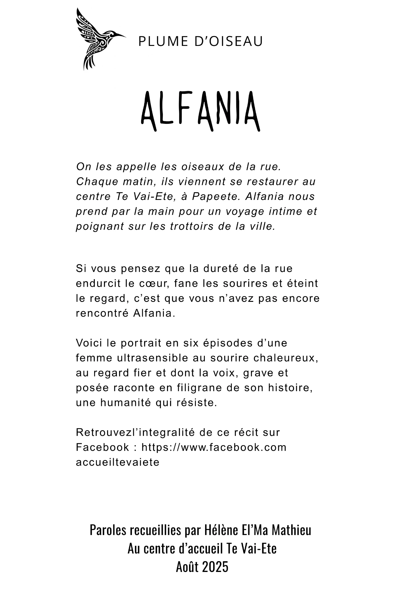 Quatrième de couverture de « Plume d’oiseau — Alfania »